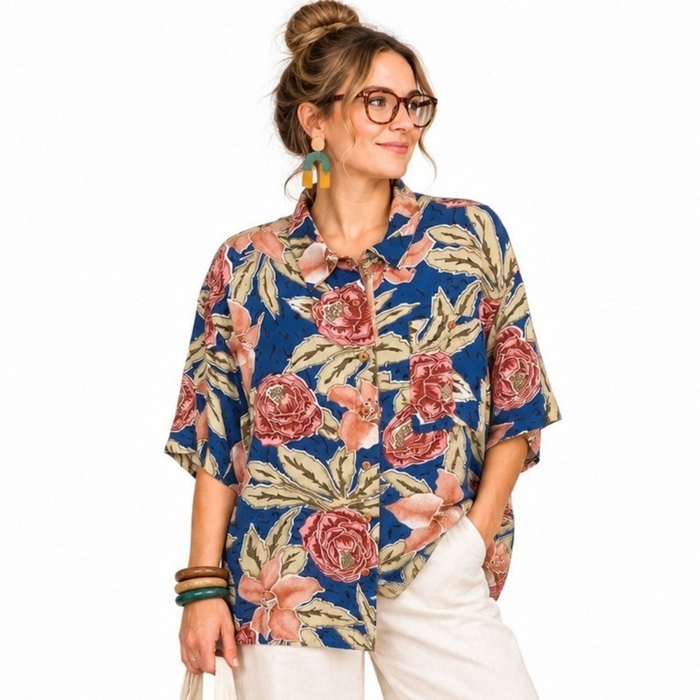 Vintage 90s Silk Floral Top XL Art Teacher Eclectic Maximalist Oversized Blouse